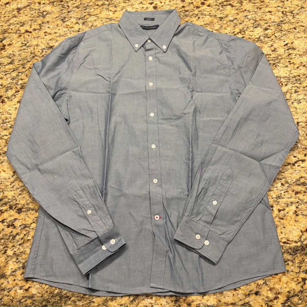 Tommy Hilfiger Mens Slim Fit Button Down Shirt Blue Long Sleeve Large 16.5 36/37